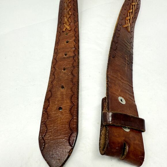 VTG Hand Tooled Leather Belt Strap Made inMexico Brown 34 No Buckle Western Boho - Picture 7 of 7